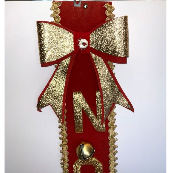 Vintage MCM Christmas wall hanging NOEL red and gold with bells and bow - Picture 3 of 5